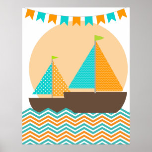 Oranje en Teal Zeevaart Zeilboot Nursery Poster