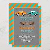 Oranje en turquoise auto verjaardagsuitnodiging kaart (Voorkant / Achterkant)