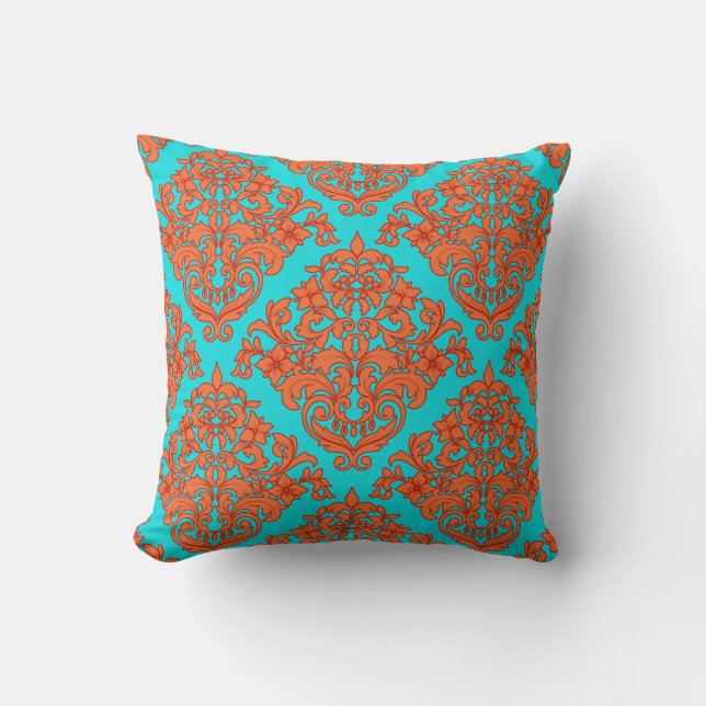 Oranje en Turquoise Damask Kussen (Voorkant)