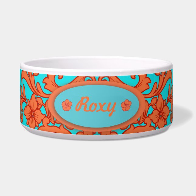 Oranje en Turquoise Damask Voerbakje (Voorkant)