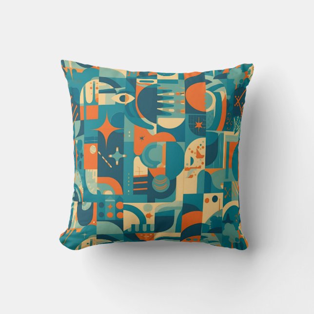 Oranje en Turquoise Geometrisch Abstract Kussen (Voorkant)