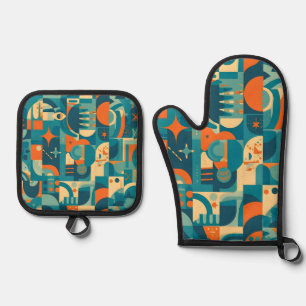 Oranje en Turquoise Geometrisch Abstract Ovenwant & Pannenlap Set