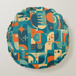 Oranje en Turquoise Geometrisch Abstract Rond Kussen