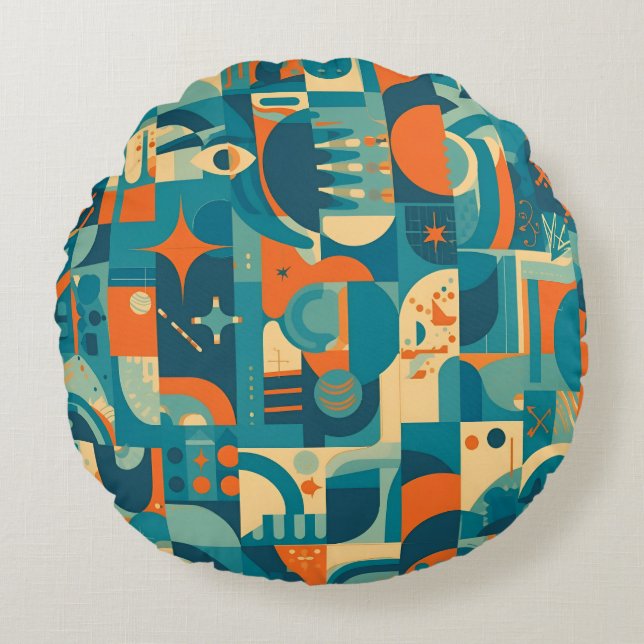 Oranje en Turquoise Geometrisch Abstract Rond Kussen (Voorkant)