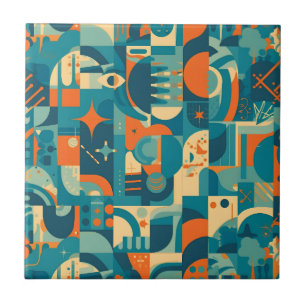 Oranje en Turquoise Geometrisch Abstract Tegeltje