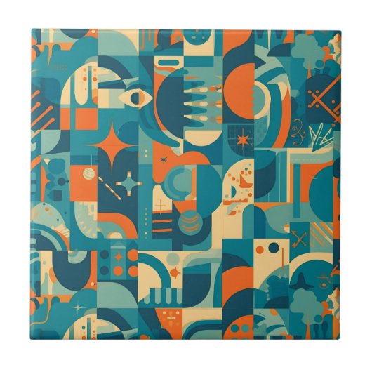 Oranje en Turquoise Geometrisch Abstract Tegeltje (Voorkant)