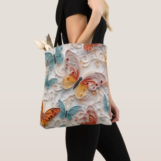 ORANJE EN TURQUOISE  KWART-BUTTERFLIES TOTE BAG (Dichtbij)