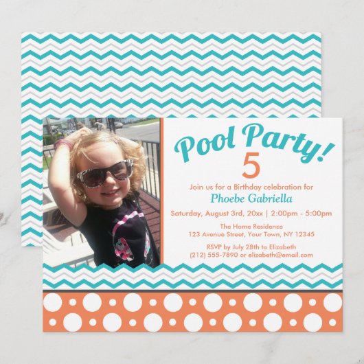 Oranje en Turquoise Pool Party Birthday Invitation Kaart (Voorkant / Achterkant)