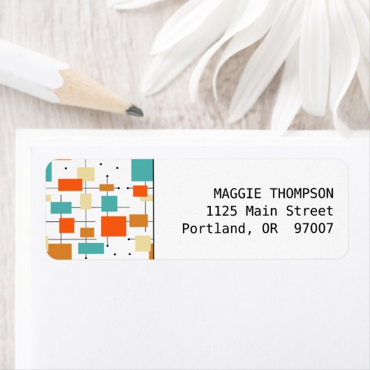 Oranje en Turquoise Squares Mid Century Modern Etiket (Insitu)