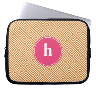 Oranje en warm roze Grieks Zeer belangrijk Monogra Laptop Sleeve