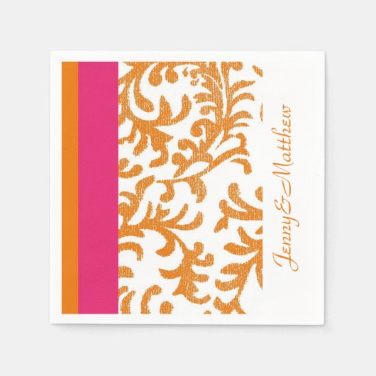 Oranje en warmroze Floral Damask Servetten (Voorkant)