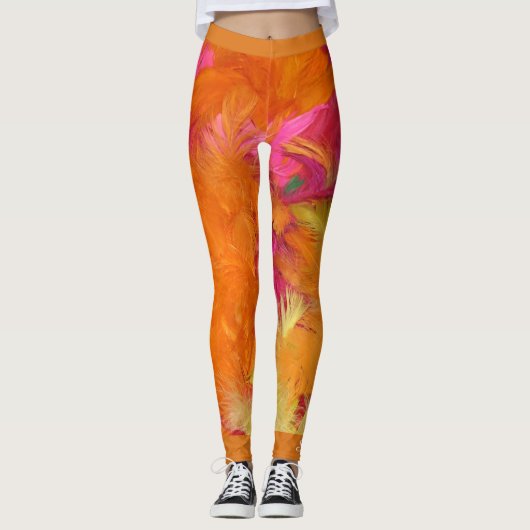 Oranje en warmroze veren, persoonlijke naam leggings (Voorkant)