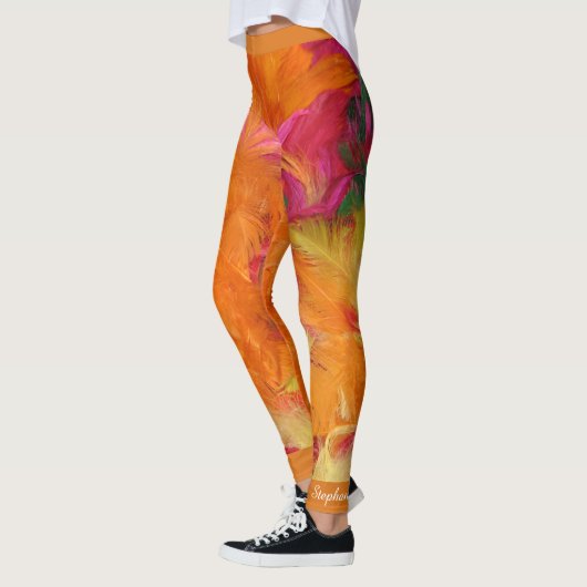 Oranje en warmroze veren, persoonlijke naam leggings (Links)