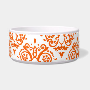 Oranje en wit Elegant Damask Voerbakje