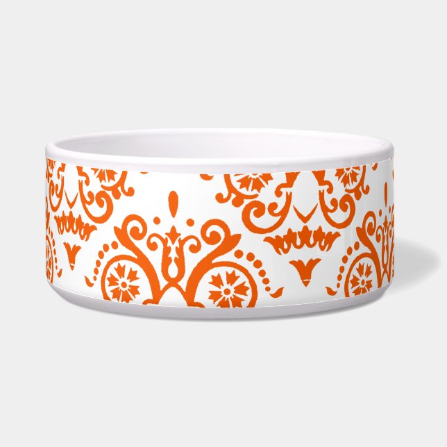 Oranje en wit Elegant Damask Voerbakje (Links)