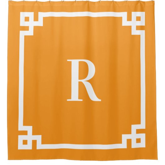 Oranje en wit Grieks Key Eenvoudig Monogram Douchegordijn (Voorkant)