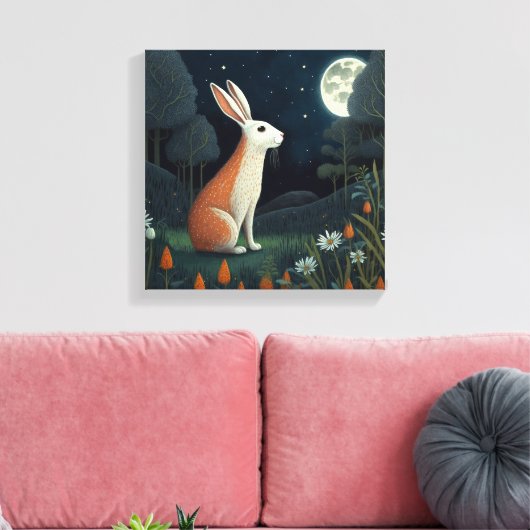 Oranje en wit konijn in het moonlicht canvas afdruk (Insitu (Woonkamer))