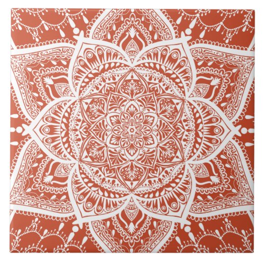 Oranje en wit Mandala - Loergann in Terracotta Tegeltje (Voorkant)