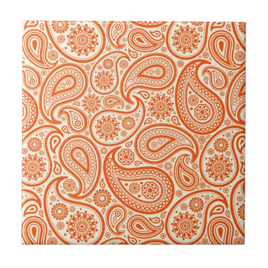 Oranje en wit  Paisley Damask Pattern Tegeltje (Voorkant)