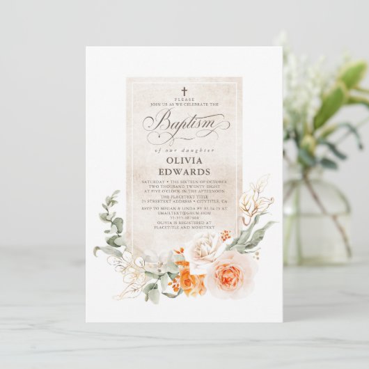 Oranje en witte bloemen Elegant Baptisme Kaart (Staand voorkant)