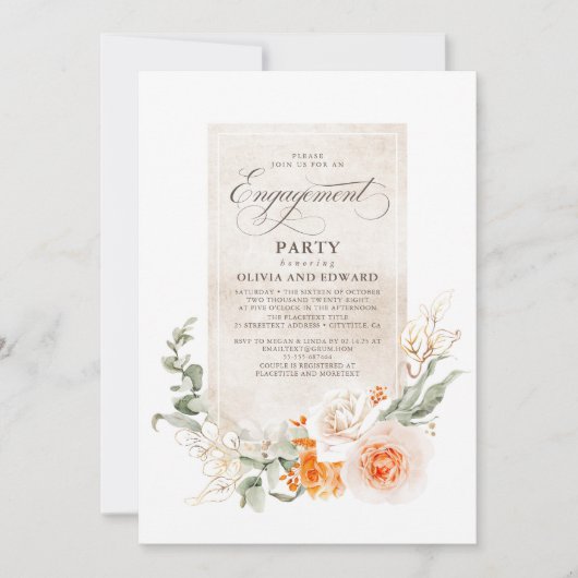 Oranje en witte bloemen Elegant Engagement Party Kaart (Voorkant)