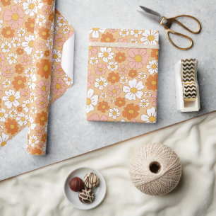 Oranje en witte Floral Cadeaupapier