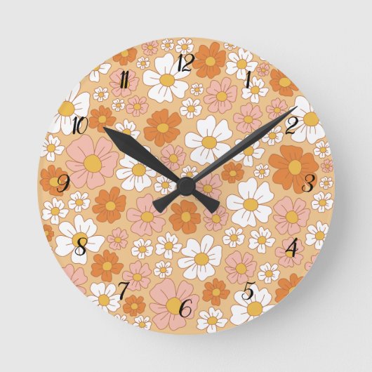 Oranje en witte Floral Square Wall Clock Ronde Klok (Voorkant)