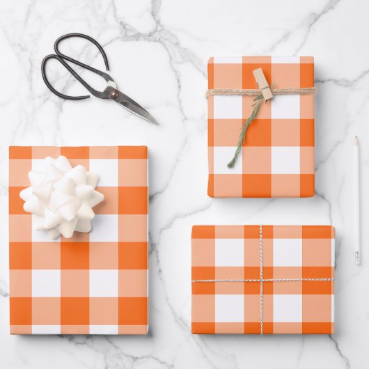 Oranje en witte Gingham Check Plaid Inpakpapier Vel (Voorkant)