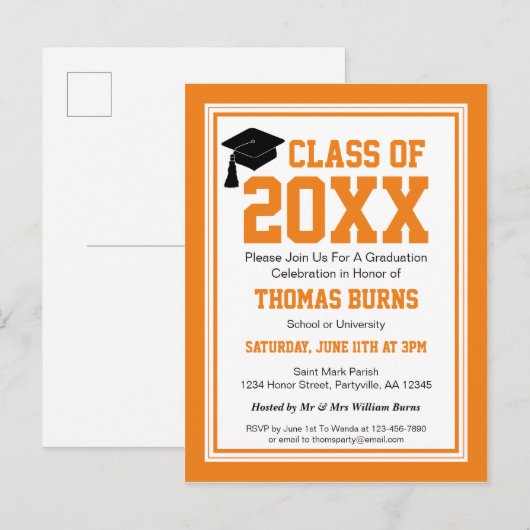 Oranje en Witte GraduPartij Uitnodiging Briefkaart (Voorkant / Achterkant)