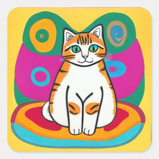 Oranje en witte grillige kattenkunst vierkante sticker (Voorkant)