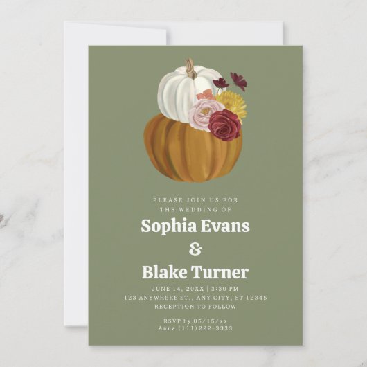 Oranje en witte Herfst Pumpkin Green Wedding Kaart (Voorkant)