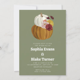 Oranje en witte Herfst Pumpkin Green Wedding Kaart