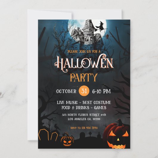 Oranje en Witte HuisHalloween Party Uitnodigen Kaart (Voorkant)
