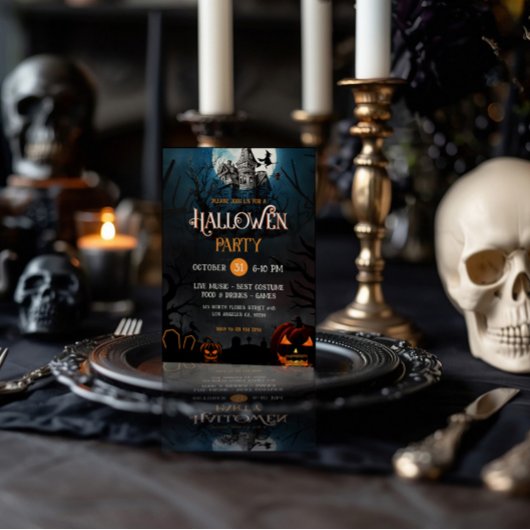 Oranje en Witte HuisHalloween Party Uitnodigen Kaart