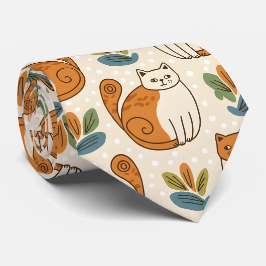 Oranje en Witte Katten Naïeve Kunststijl Stropdas (Opgerold)