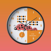 Oranje en witte kinder ladyvogels met naam grote klok