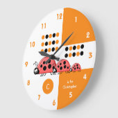 Oranje en witte kinder ladyvogels met naam grote klok (Hoek)