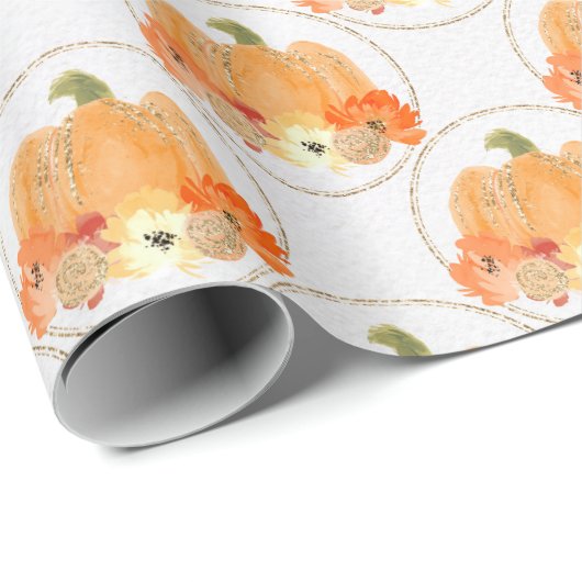 Oranje en witte pompoen in goudcirkels cadeaupapier (Rol Hoek)