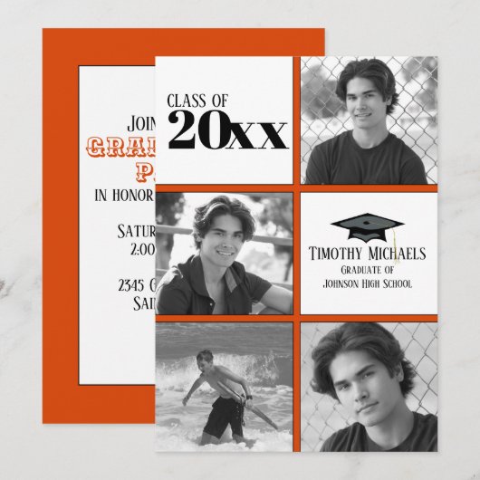 Oranje en zwart Afstudeerder uitnodiging, steen 7  Kaart (Voorkant / Achterkant)