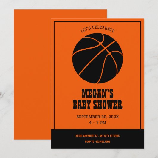 Oranje en zwart basketbal BABY SHOWER uitnodiging (Voorkant / Achterkant)