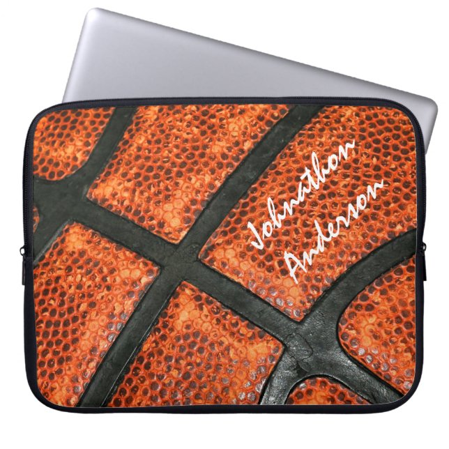 Oranje en zwart Basketbalpatroon met Autograaf Laptop Sleeve (Voorkant)