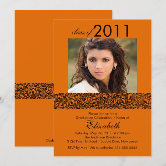 Oranje en zwart fototoestel Afstuderen uitnodiging (Voorkant / Achterkant)