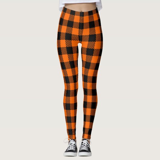 Oranje en zwart gecheckt speldenstang leggings (Voorkant)