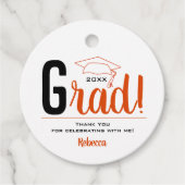 Oranje en zwart Graduation Cap Bedankjes Labels (Voorkant)