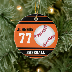 Oranje en zwart honkbal  DIY-naam en -nummer Keramisch Ornament
