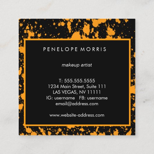 Oranje en zwart schilderplaatje schoonheidslijst vierkante visitekaartje (Achterkant)