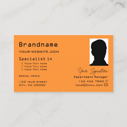 Oranje- en zwart-witbord met monogram en foto's visitekaartje (Achterkant)