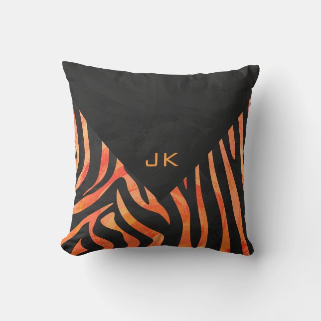 Oranje en zwart Zebra monogram Kussen (Voorkant)