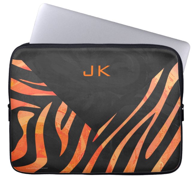 Oranje en zwart Zebra monogram Laptop Sleeve (Voorkant)