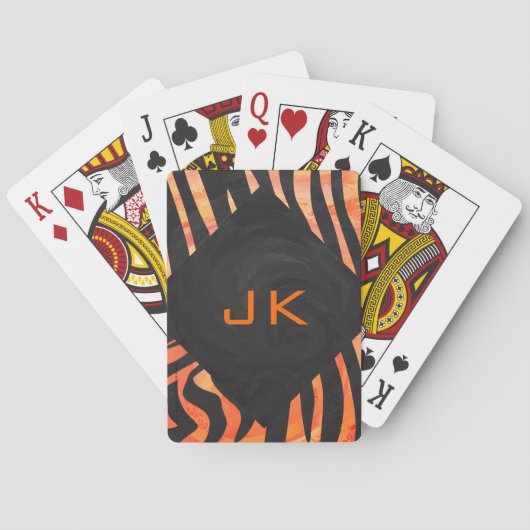 Oranje en zwart Zebra monogram Pokerkaarten (Achterkant)